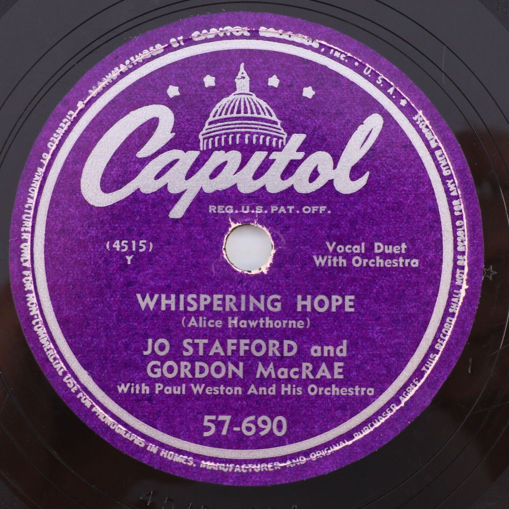 Jo Stafford, Gordon MacRae - Whispering Hope 1949 Polka 10" 78 rpm Record 57-690